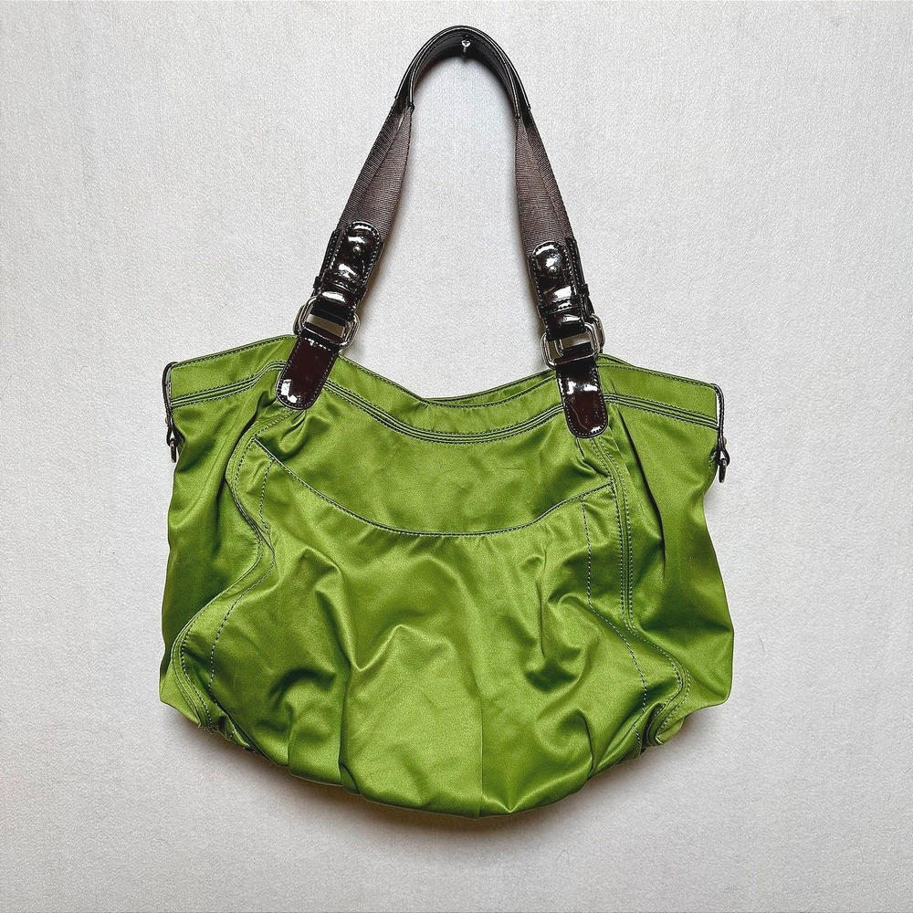 Liz Claiborne Lime Green Nylon Shoulder Bag Brown Patent Leather Trim Hobo Tote - Picture 7 of 11